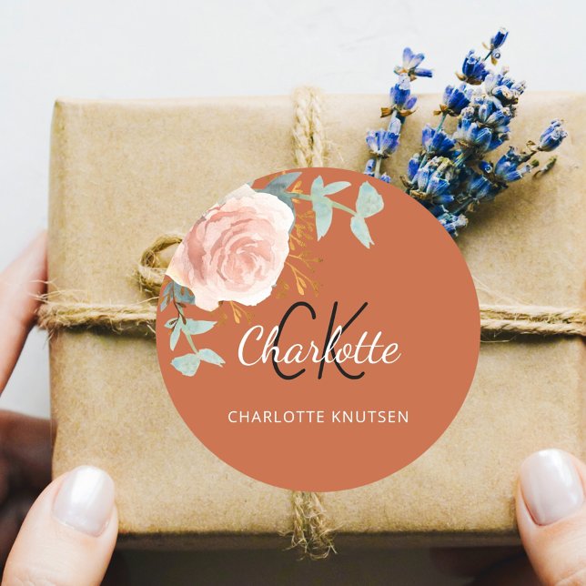 Adesivo Redondo Rosa ouro queimado flor de sage verde obrigado (Criador carregado)