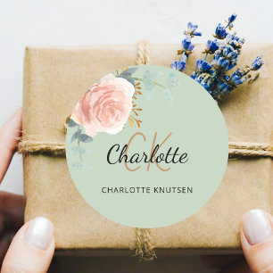 Adesivo Redondo Rosa ouro rosa floral salva verde obrigado