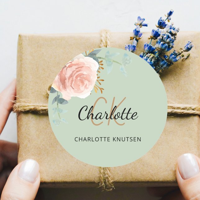 Adesivo Redondo Rosa ouro rosa floral salva verde obrigado (Criador carregado)