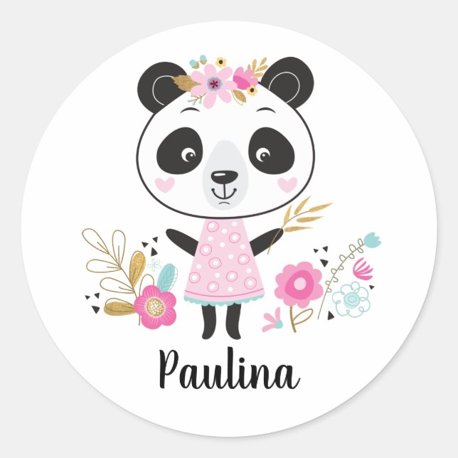 Adesivo Redondo Rosa Panda Personalizada Adorável Rapariga (Frente)