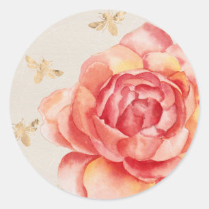 Adesivo Redondo Rosa Pintada à Mão com Abelhas Douradas sobre Bran