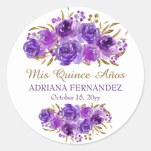 Adesivo Redondo Rosa púrpura e Folha Dourada Mis Quince Anos (Frente)
