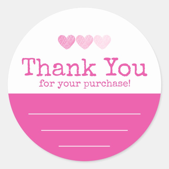 Adesivo Redondo Rosa Quente Com Corações Obrigado Pela Sua Compra (Frente)