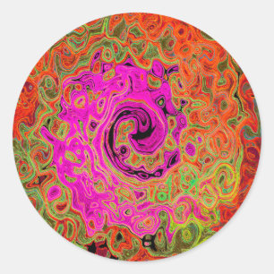 Adesivo Redondo Rosa Quente Groovy Abstrato Retro Líquido Giratóri