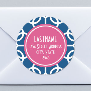 Adesivo Redondo Rosa quente & monogramas geométricos azuis do