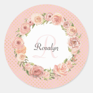 Adesivo Redondo Rosa romântico nome Monogrammed floral pontilhado