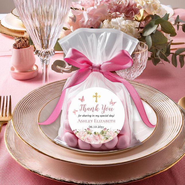 Adesivo Redondo Rosa Rosa Rosa Rosa Floral |Borboletas Douradas Cr (Pink Rose Floral and Pink Butterflies | Gold Tone Trinity Cross First Holy Communion Favor Stickers)