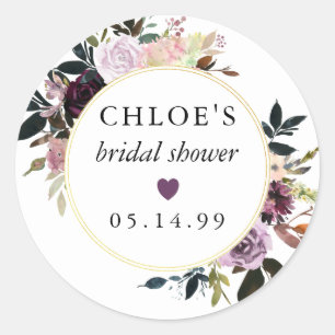 Adesivo Redondo Rosa Roxa Violeta Favor para Chá de Noiva Floral