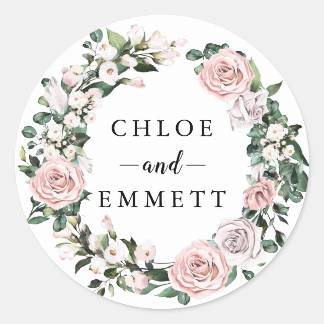 Adesivo Redondo Rosa Rústico Rosa Púrpura Wreath Casamento Favor (Frente)