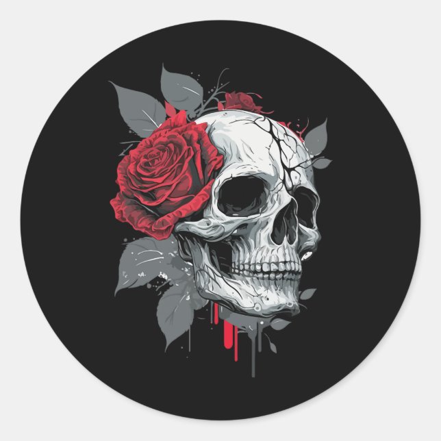 Adesivo Redondo Rosa Skeleton Skull Hand Red Flower Rosa (Frente)
