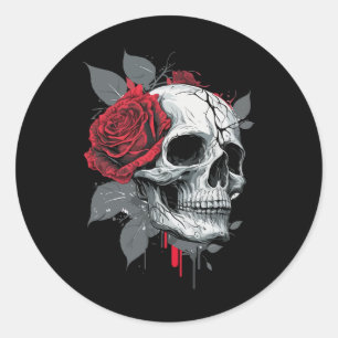 Adesivo Redondo Rosa Skeleton Skull Hand Red Flower Rosa