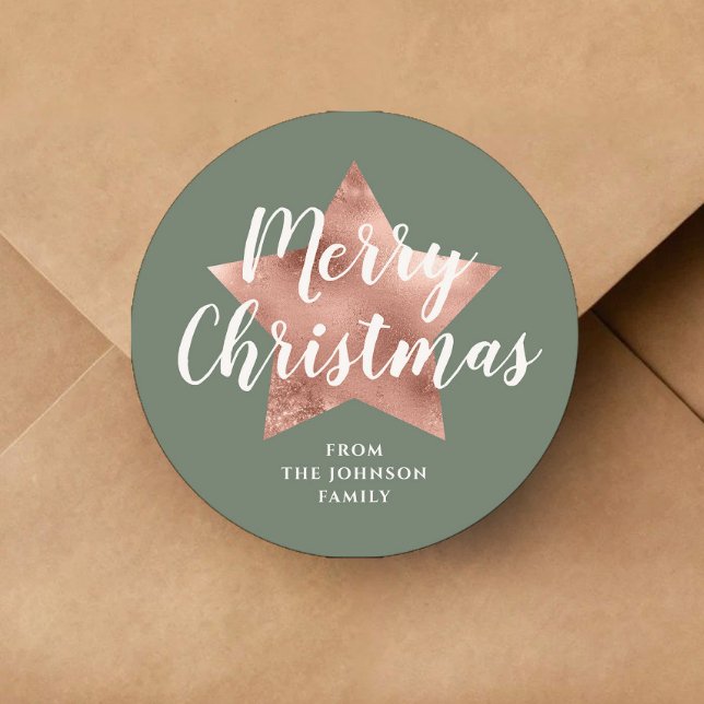 Adesivo Redondo Rosa Verde da Sage Moderna - Natal Dourado (Modern Sage Green Rose Gold Star Christmas Classic Round Sticker)
