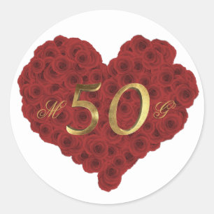 Adesivo Redondo Rosa vermelha Coração Romântico 50º Aniversário de