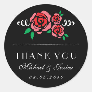 Adesivo Redondo Rosa vermelha De Casamento Floral Obrigado Sticker