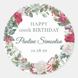 Adesivo Redondo Rosa vermelha e Holly 100º Elegante de Aniversário