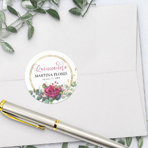 Adesivo Redondo Rosa Vermelha Elegante Caligrafia Quinceanera