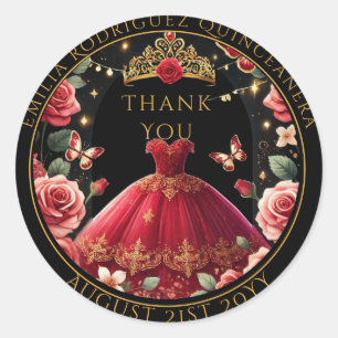 Adesivo Redondo Rosa vermelha Floral do Favor Quniceanera Obrigado