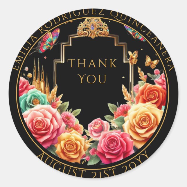 Adesivo Redondo Rosa vermelha Floral do Favor Quniceanera Obrigado (Frente)