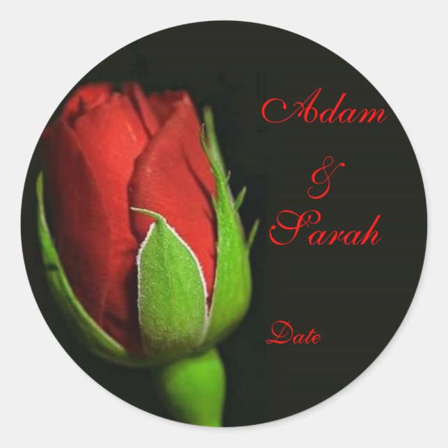 Adesivo Redondo rosa vermelha, lapela rosa, Adam & Sarah, Data (Frente)