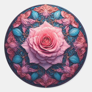 Adesivo Redondo Rosa Vibrante Elegante Flor Presente, Natureza Rom