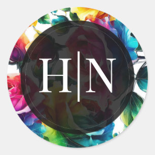 Adesivo Redondo Rosas Arco-íris Pretas & Brancas Vibrantes Flores 