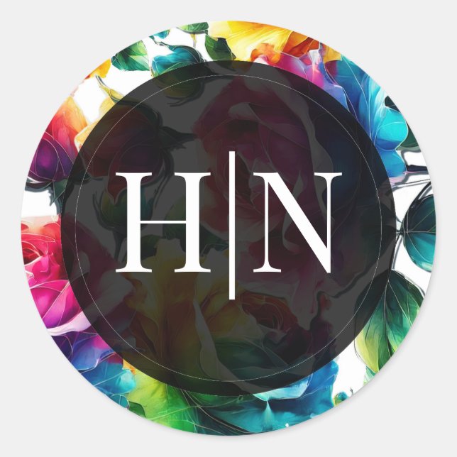 Adesivo Redondo Rosas Arco-íris Pretas & Brancas Vibrantes Flores  (Frente)