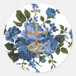 Adesivo Redondo Rosas Azuis Religiosos Crucifixo Dourado Floral