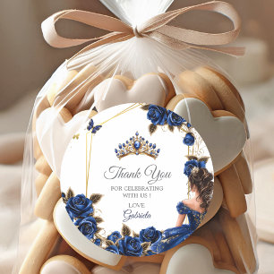 Adesivo Redondo Rosas Azul Marinho Tiara Dourada Quinceañera