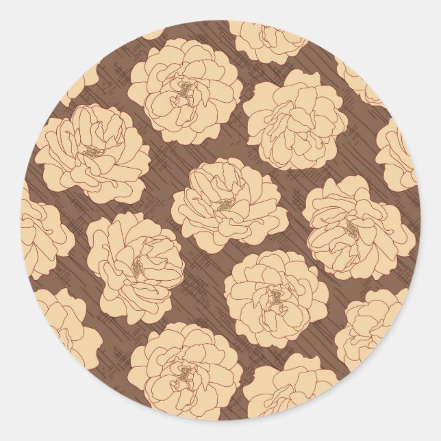 Adesivo Redondo Rosas barrocas em marrom-noz - padrão sem costura. (Frente)
