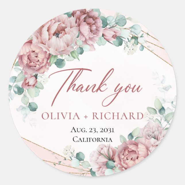 Adesivo Redondo Rosas boêmias folhagens verdejantes dourado casame (Frente)