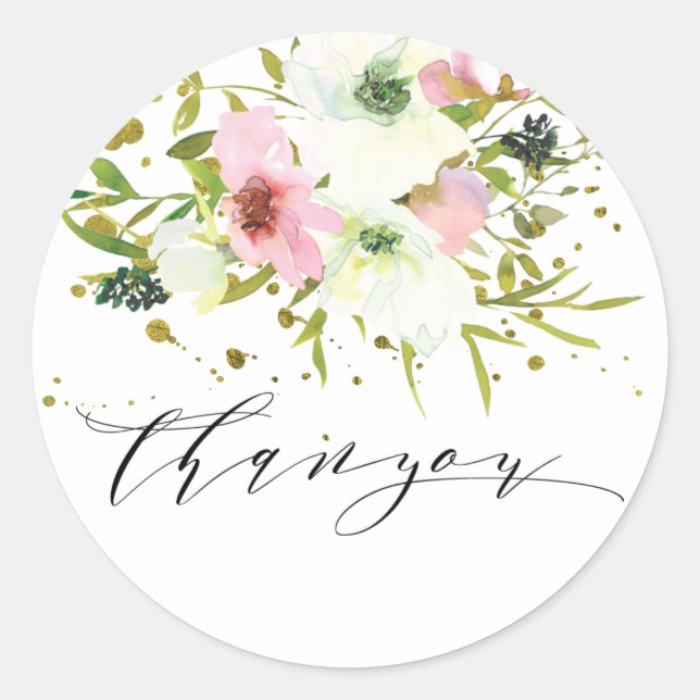 Adesivo Redondo Rosas brancas e embebidas em ouro Graças a você (Frente)