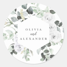 Adesivo Redondo Rosas Brancas e folhagens para casamento floral