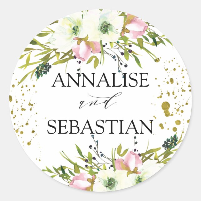 Adesivo Redondo Rosas brancas e pelúcias com casamentos de ouro (Frente)