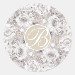Adesivo Redondo Rosas Brancas Rústicas de Inverno Monograma Letra