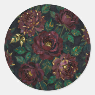 Adesivo Redondo Rosas Burgundy de Luxo Folhas Florais a Ouro