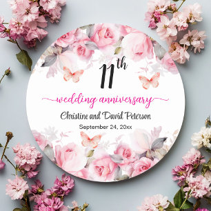 Adesivo Redondo Rosas Cor-de-Rosa de 11º Aniversário de Casamento
