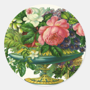 Adesivo Redondo Rosas Cor-de-Rosa Florais Vintage, Vaso de Flores