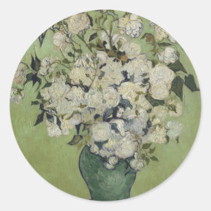 Adesivo Redondo Rosas cor-de-rosa-vida em um vaso de Van Gogh
