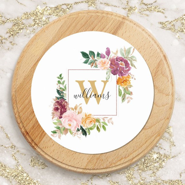 Adesivo Redondo Rosas de Aquarela com Monograma Flor Floral Dourad (In situ)