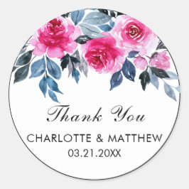 Adesivo Redondo Rosas de Aquarela Rosa Casamento Obrigado