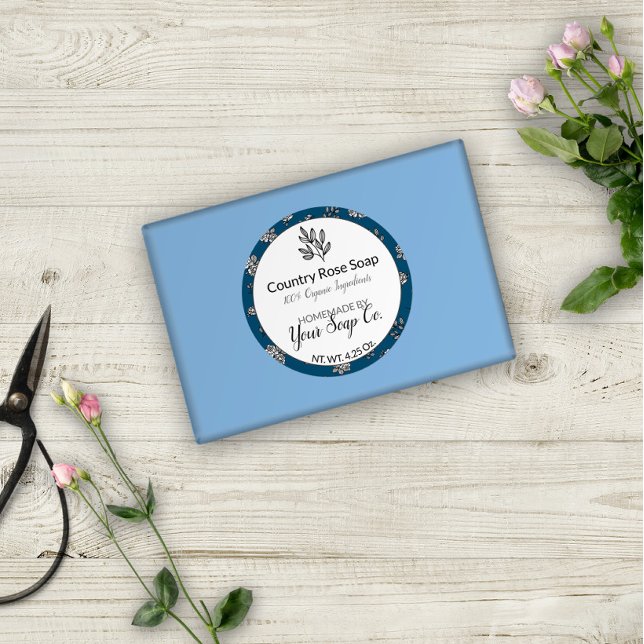 Adesivo Redondo Rosas de mão azul e deixa sabão artificial (Criador carregado)