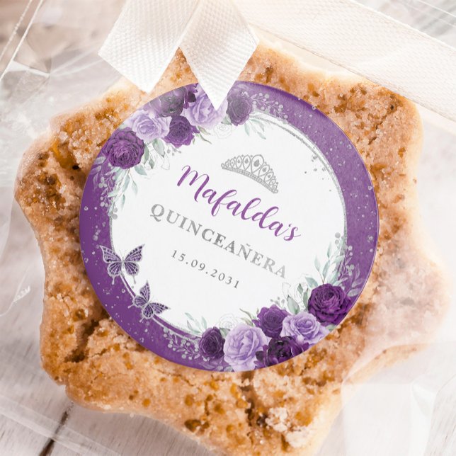 Adesivo Redondo Rosas de Prata Roxo Quinceanera Aniversário Favori (Criador carregado)