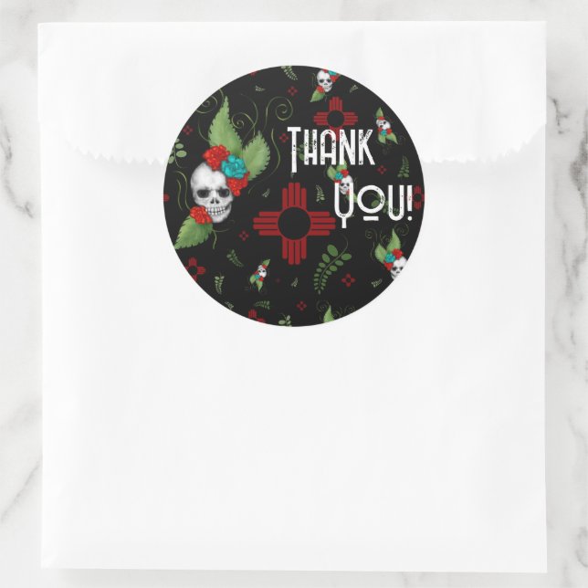 Adesivo Redondo Rosas do crânio Zia Sun Greenery Black Novo México (Bolsa)