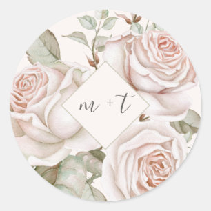 Adesivo Redondo Rosas do pêssego com monogramas que Wedding