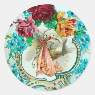 ADESIVO REDONDO ROSAS DO ROSA DO CHÁ DE FRALDAS DA MENINA DA