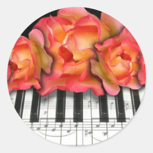 Adesivo Redondo Rosas do teclado de piano e notas da música