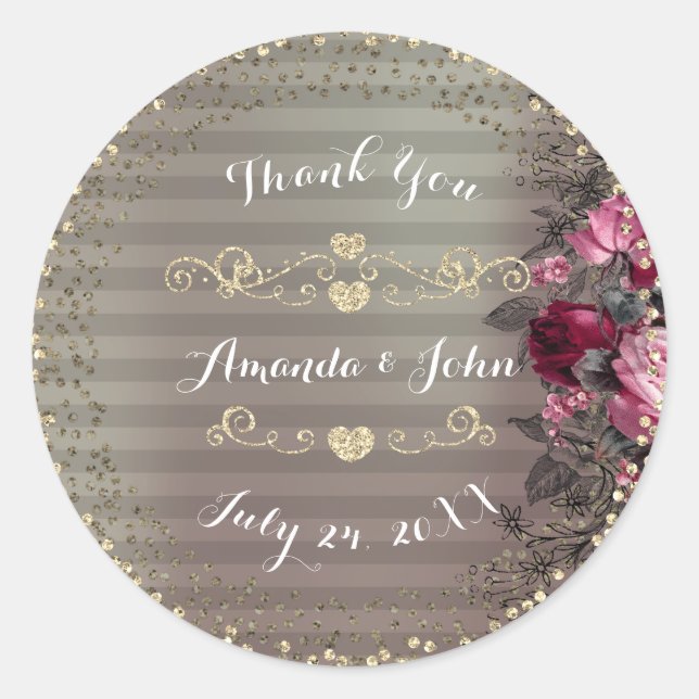 Adesivo Redondo Rosas Dourados brilham Salvar Obrigado de Data e A (Frente)