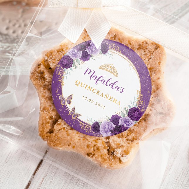 Adesivo Redondo Rosas Dourados Roxos Quinceanera Aniversário Favor (Criador carregado)