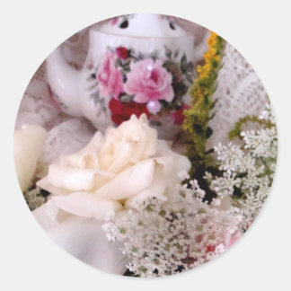 Adesivo Redondo Rosas e bule de chá