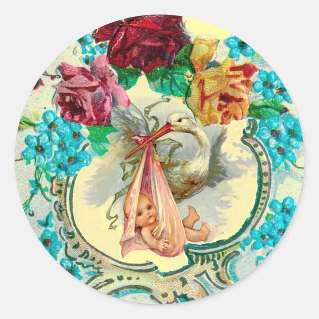 ADESIVO REDONDO ROSAS E FLORES AZUIS DE TINTAS DE CHÁ DE FRALDAS D (Frente)